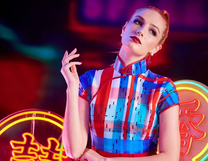 Sparkle Collection cheongsam dress featuring Hong Kong's iconic red-white-blue bag pattern. 