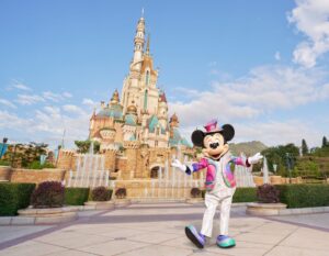 Hong Kong Disneyland Mickey Mouse in front of the Sleeping Beauty Castle